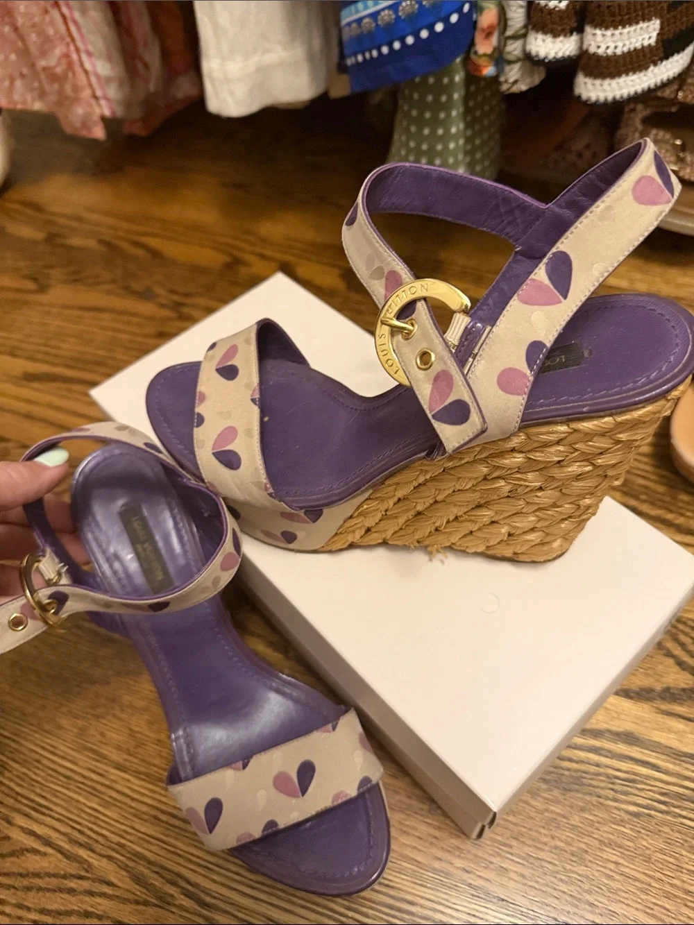 Louis Vuitton Purple and Cream Heart-Print Raffia Wedge Sandals